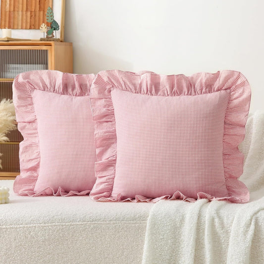 Gingham Pillow Covers (2 Pack) - 18x18 Inches Pink/White Plaid, 100% Washed Cotton Vintage Ruffle Decorative Throw Pillowcases with Zipper Closure for Bed & Couch
