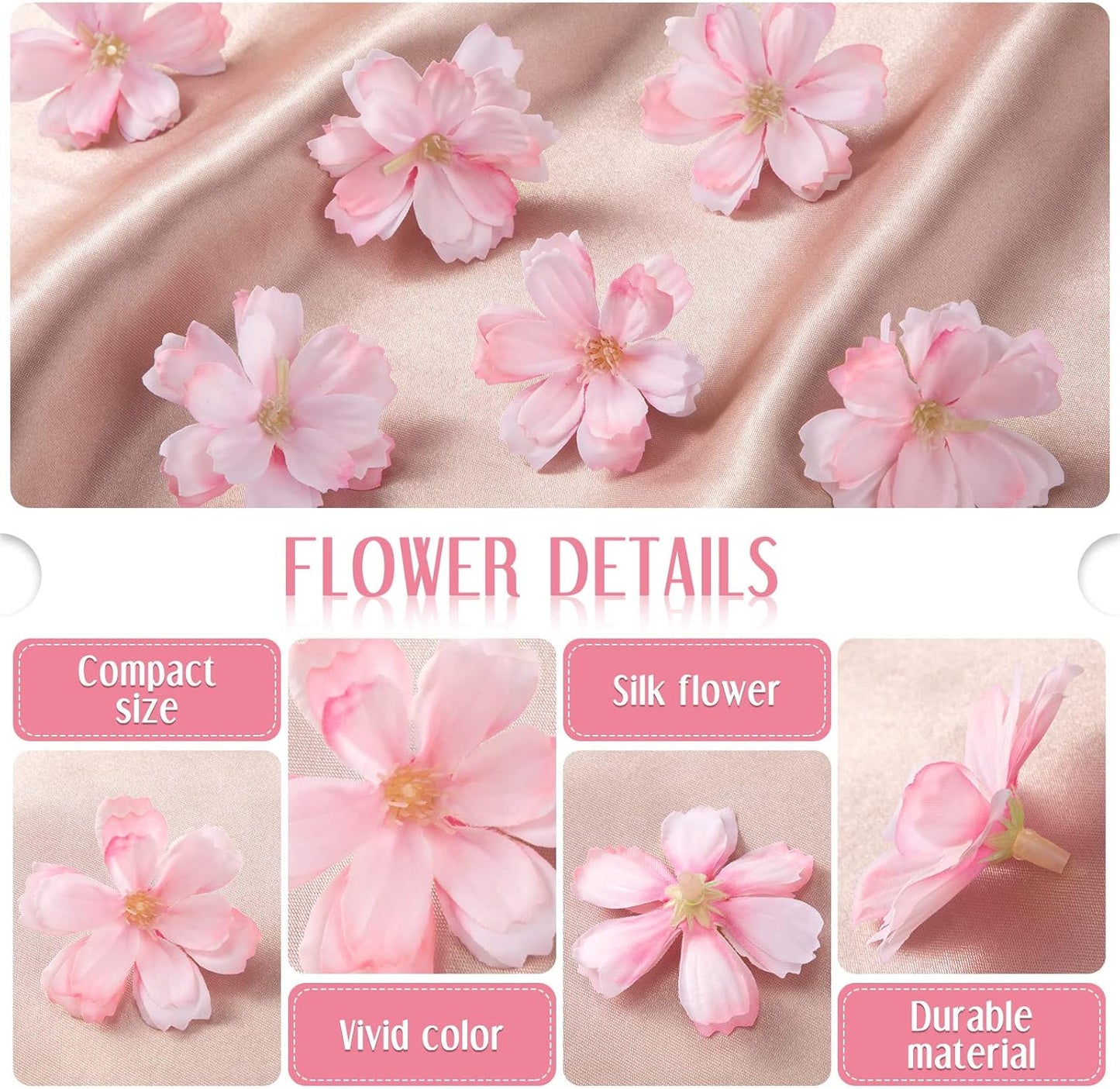WILLBOND 100 Pieces Mini Faux Flower Heads Cherry Blossom Flowers for Crafts Artificial Silk Plum Blossom Heads for Graduation Cap Home Room Wedding Party Marriage Car Hats, 1.8 Inch (Pink)