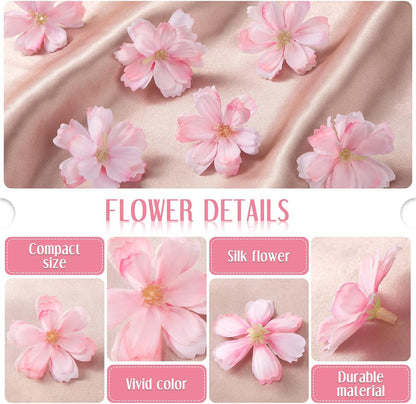 WILLBOND 100 Pieces Mini Faux Flower Heads Cherry Blossom Flowers for Crafts Artificial Silk Plum Blossom Heads for Graduation Cap Home Room Wedding Party Marriage Car Hats, 1.8 Inch (Pink)
