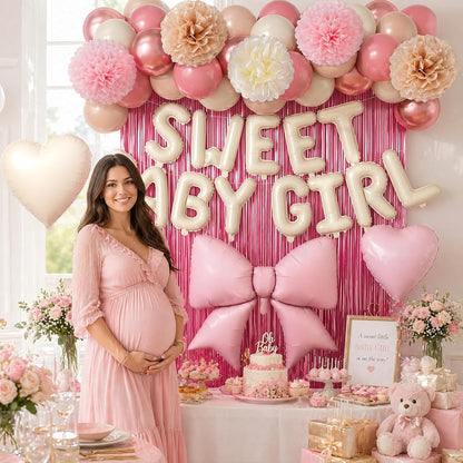 Blush Pink White Baby Shower Decorations, Sweet Baby Girl Foil Banner, Huge Bow Heart Balloons, Fringe Curtains Tissue Pom Poms, Dusty Pink Sand White Balloon Boho Fairy Girl Birthday Party Supplies