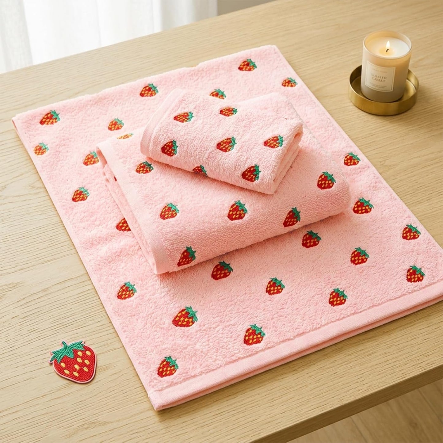 FYSUIMU Strawberry Bathroom Towels Set of 3 Pink Red Strawberry Fruit Embroidered Cotton Bath Towel Hand Towel Wash Cloth for Holiday Hand Drying Shower Supplies