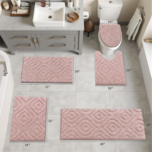 Ileading Bathroom Rugs Sets 5 Piece, Ultra Soft Absorbent Bath Mat for Bathroom, Non Slip Washable Bath Rug Set with Toilet Cover, Plush Bath Runner and U-Shaped Contour Toilet Rug, Pink