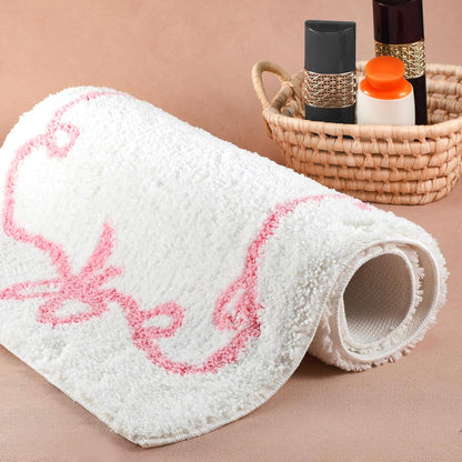 Tinideya 32"x20" Microfiber Bathroom Rugs White Cute Bath Rug with Pink Bowknot for Bathtub, Sink, Shower, Living Room, Kitchen, Anti Slip, Absorbent