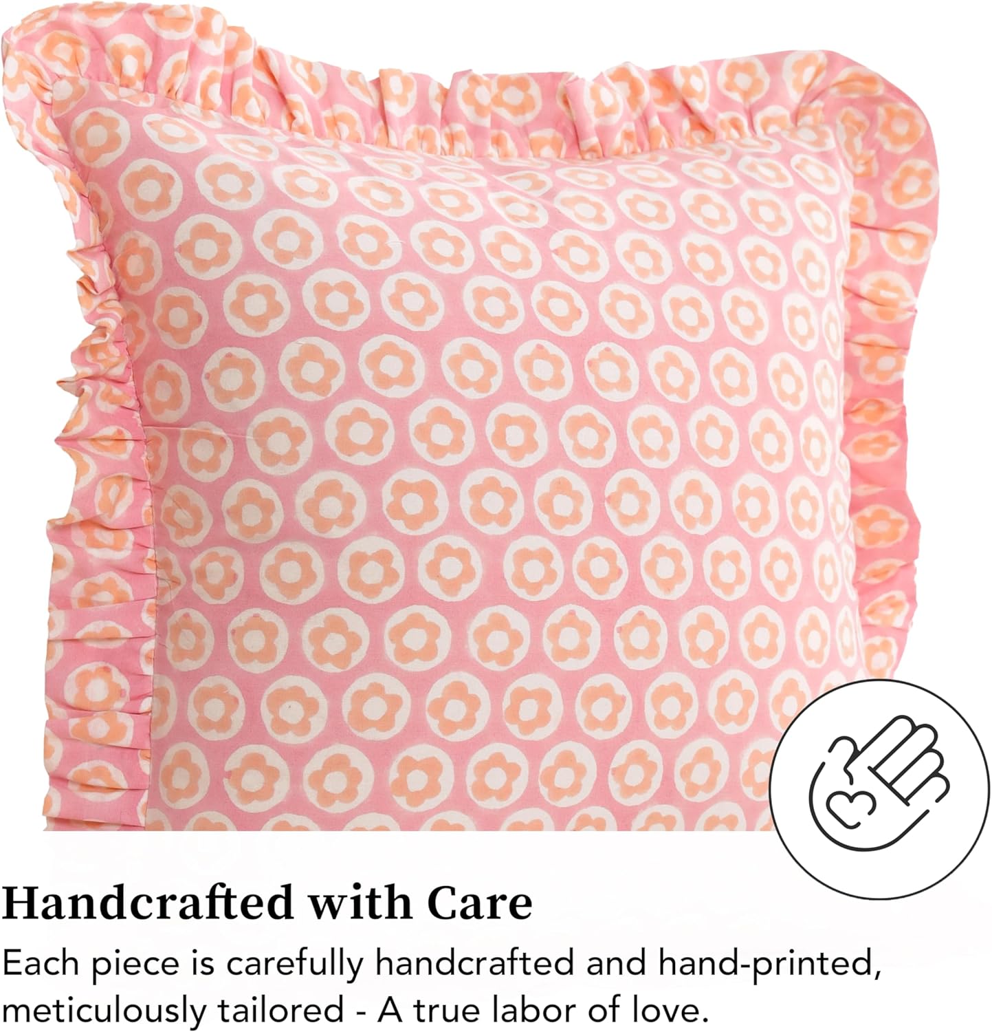 Hand-block printed, artisan-made bright throw pillow covers (Set of 2) - 100% cotton ruffled cushions for sofa, bed, chair, boho home décor, Spring/Summer Refresh (Pink-Peach, 20" x 20")