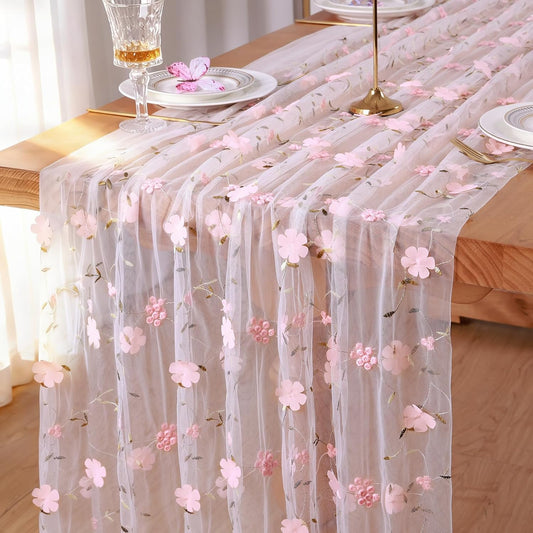 Ivory Gauze Table Runner with Blush Pink Embroidery 3D Flower 120in 10FT Seasonal Tulle Sheer Table Runners Mesh Lace Fabric Runner for Baby Shower Wedding Party Dining Table Decor DIY Craft