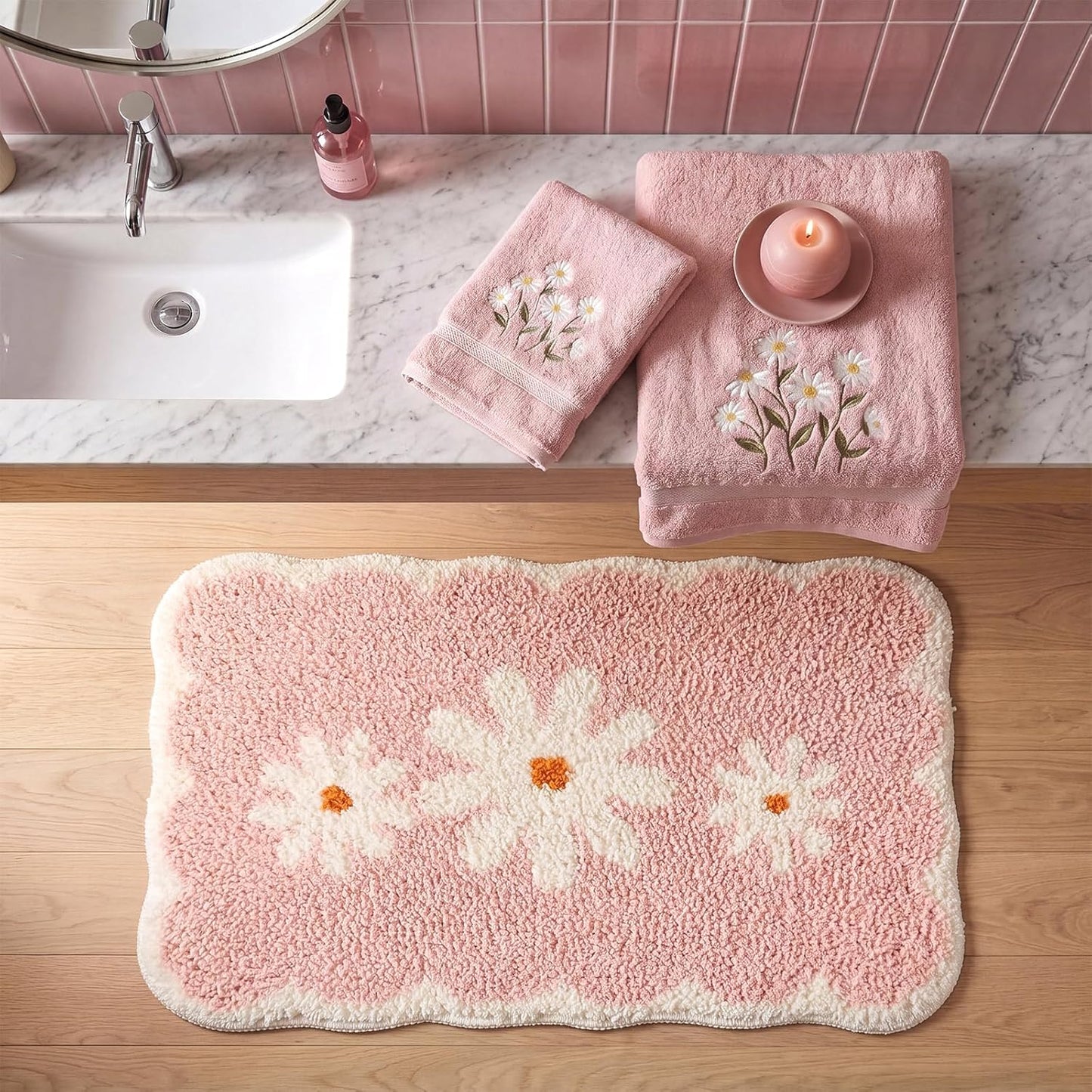 Breling Pink Daisy Bathroom Rugs Cute Scalloped Edge Flocked Bath Mat Soft Tufted White Flower Rug Non Slip Super Absorbent Machine Washable Bathtub Mats for Shower, 24 x 16 Inches