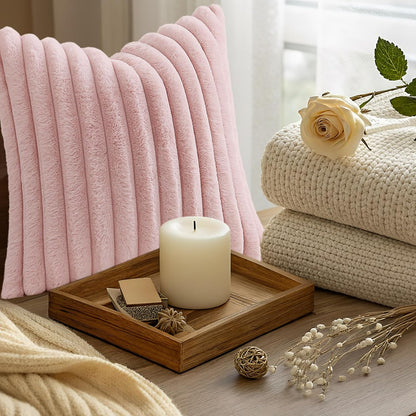 decorUhome Summer Cozy Faux Fur Throw Pillow Covers 18x18 Set of 2 Decorative Soft Plush Striped Modern Farmhouse Boho Couch Pillow Cases with Velvet Back for Sofa Bed Living Room, Pink
