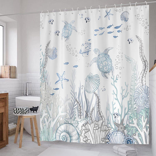Coastal Turtle Shower Curtain Fish Coral Starfish Seashell Blue Ocean Beach Shower Curtains for Bathroom Waterproof Polyester Fabric Bathroom Curtain 72 x 72 Inch with 12 Hooks
