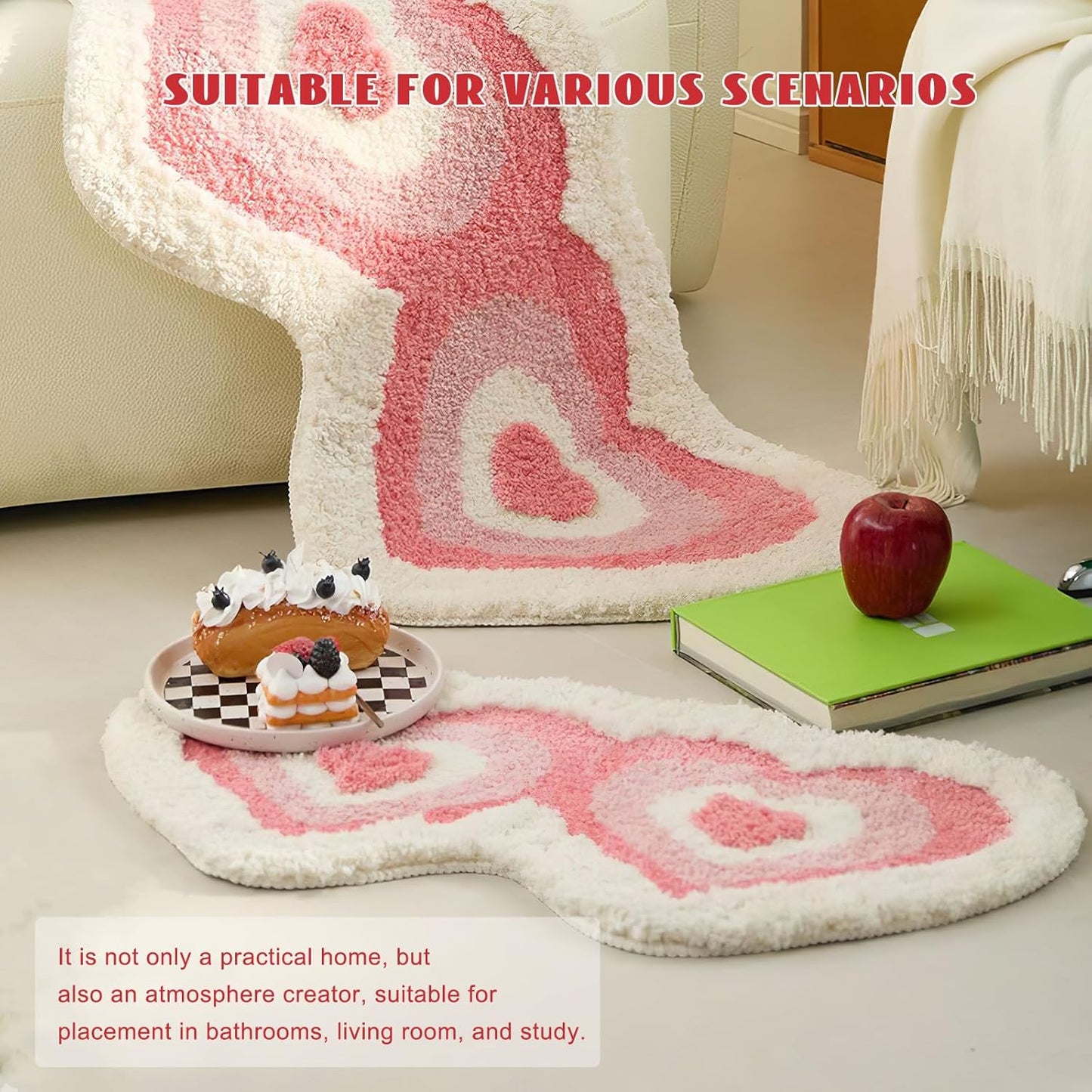 Pink Heart Shaped Bath Mat, Irregular Love Design Fluffy Bathroom Rug, Washable Absorbent Quick Dry Floor Carpet, Bath Mats for Bedroom Bathtub Living Room, Valentine's Day Gifts, 20*31 inches (Pink)