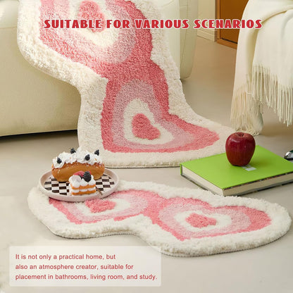 Pink Heart Shaped Bath Mat, Irregular Love Design Fluffy Bathroom Rug, Washable Absorbent Quick Dry Floor Carpet, Bath Mats for Bedroom Bathtub Living Room, Valentine's Day Gifts, 20*31 inches (Pink)
