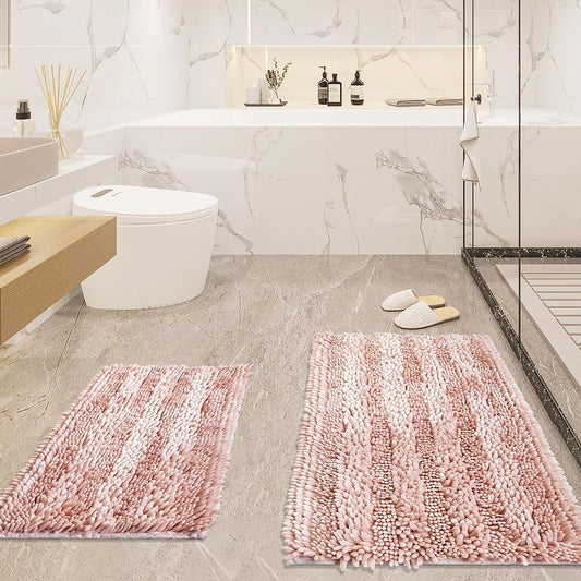 Light Pink Bathroom Rugs Sets 2 Piece, Extra Soft and Absorbent Chenille Bath Mats, Machine Washable Mat, Cute Bath Rug for Bathroom, Non Slip Shower Floor Mat, 16x24 and 20x32 Inches