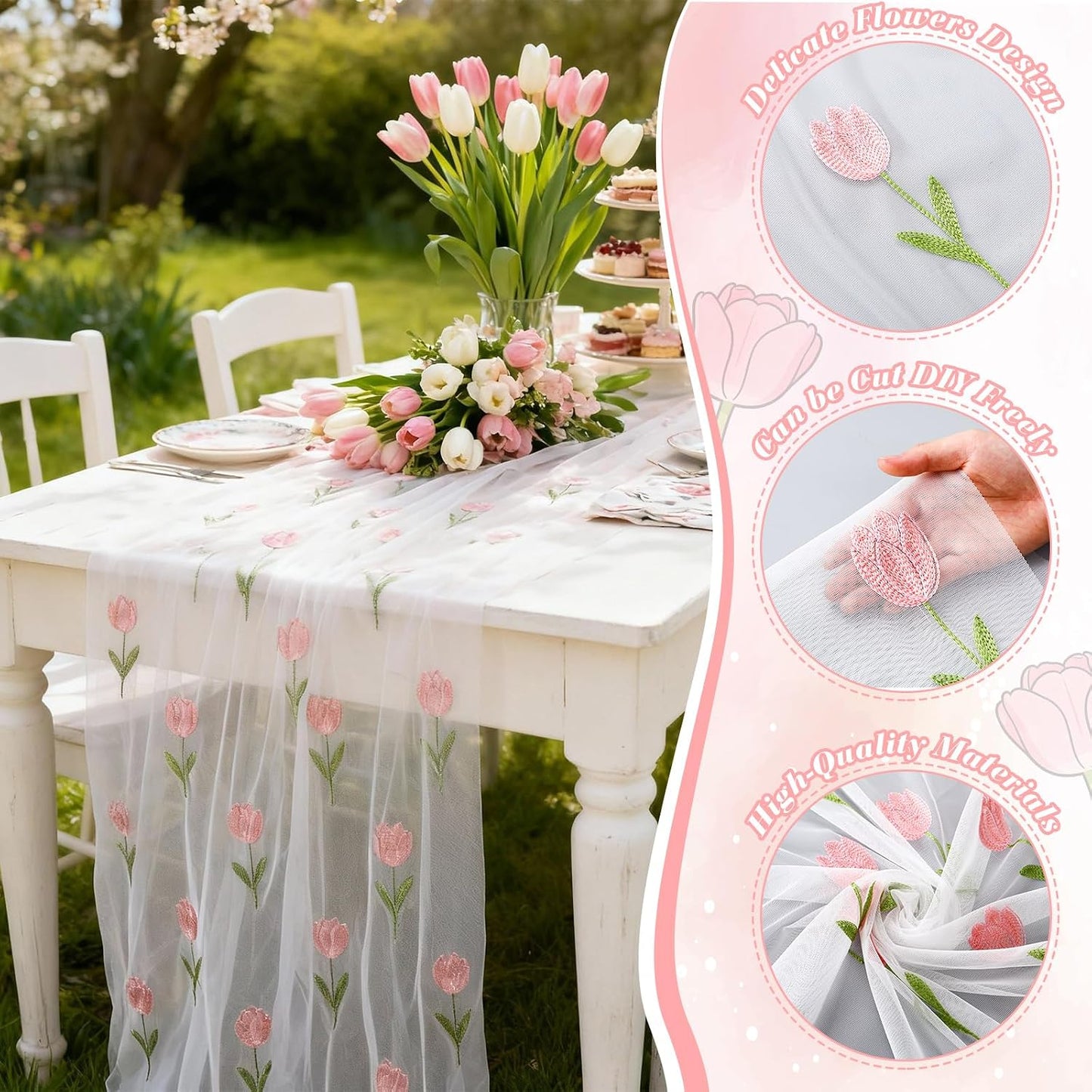 Mindsoft 3 Pcs Pink Floral Tulip Table Runner 10ft Gauze Embroidery Tulip Sheer Floral Tulle Easter Lace Table Runner for Wedding Bridal Baby Shower Holiday Dining Decor DIY