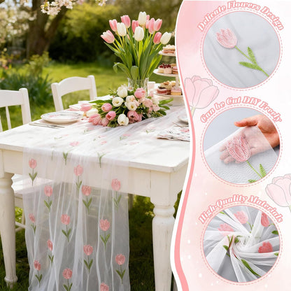 Mindsoft 3 Pcs Pink Floral Tulip Table Runner 10ft Gauze Embroidery Tulip Sheer Floral Tulle Easter Lace Table Runner for Wedding Bridal Baby Shower Holiday Dining Decor DIY