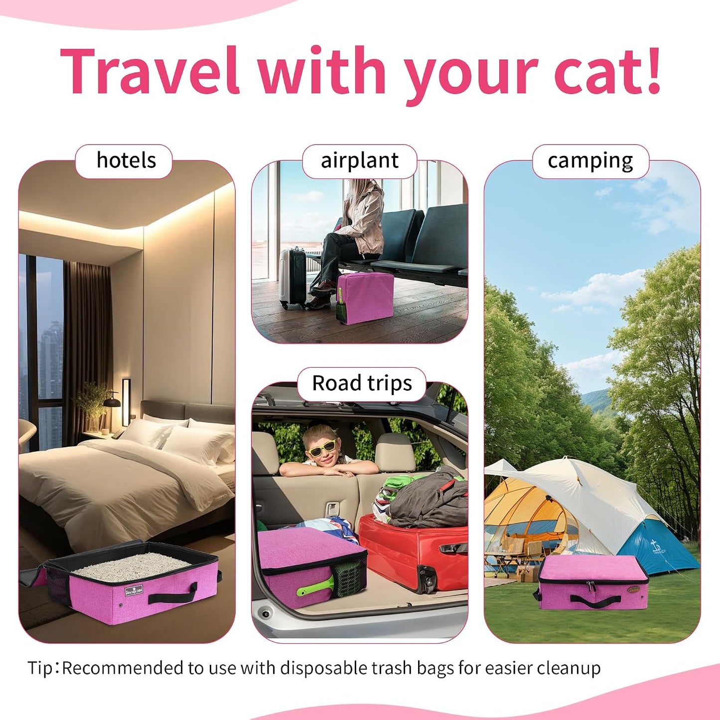 Deblue Portable Cat Travel Litter Box in Car, Collapsible Cat Litter Carrier with Lid, Waterproof Foldable Litter Box for Outdoor Fit for Large Cats, Leak-Proof, Sturdy, Lightweight-Pink