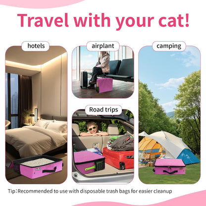 Deblue Portable Cat Travel Litter Box in Car, Collapsible Cat Litter Carrier with Lid, Waterproof Foldable Litter Box for Outdoor Fit for Large Cats, Leak-Proof, Sturdy, Lightweight-Pink
