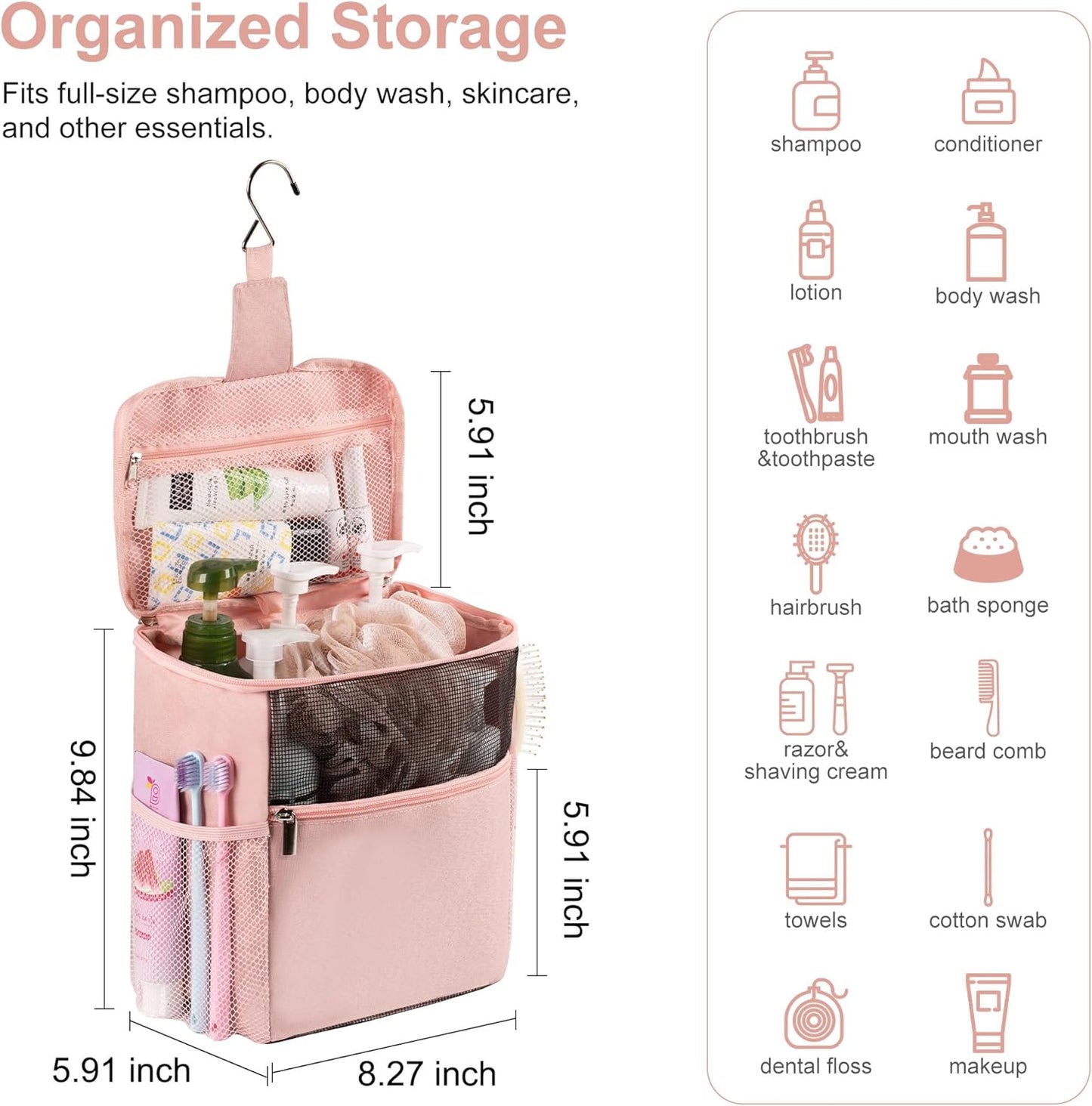 Mesh Shower Caddy Hanging Portable, Bathroom Caddy Organizer for College Dorm Essentials, Shower Tote Bag with Built-in Hook for Beach, Swimming, Gym camping (Pink)