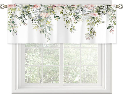 Pink Rose Valances Kitchen Curtains Flower Eucalyptus Botanical Leaves Window Drapes Floral Plants Bedroom Bathroom Living Room Treatment Tier 1 Panel 52Wx18H Inch