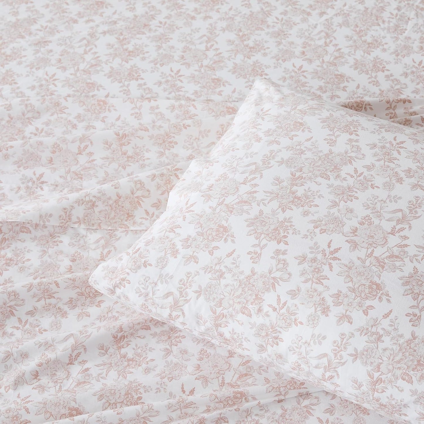 Lush Decor Peony Toile Cotton Sheet Set 4 Piece Set Full Peach - Cotton Sheets - Floral Bed Sheets - Kids Bedding - Pink - Coquette Decor