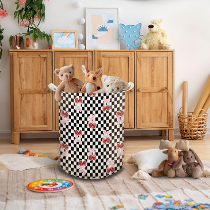 Coquette Pink Cherry Bow Laundry Basket, Toybox for Girls Room, Checkered Laundry Basket Hamper Waterproof Collapsible Clothes Toys Storage Bin Organizer for Bedroom Bathroom Girls Room Dorm