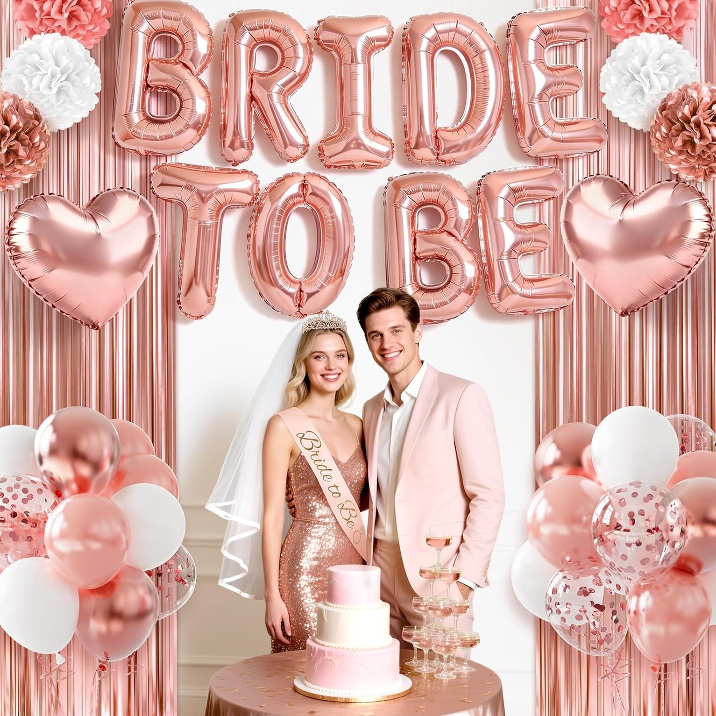 Bachelorette Party Decorations, 44Pcs Rose Gold Bridal Shower Decorations Include Bride to be Balloons Sash Veil Crown and Heart Balloon Fringe Curtain for Bachelorette Engagement Wedding Decoration