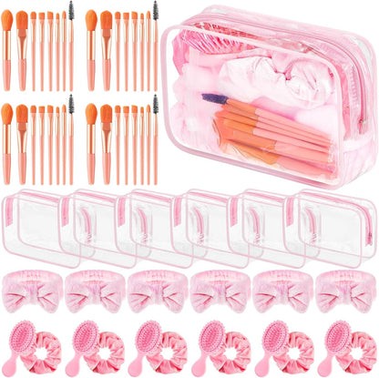 Daifunli 6 Set Pink Spa Party Favors for Women Travel Makeup Brush Bag Mini Hair Brushes Headband Scrunchies for Sleepover Bachelorette Wedding Bridal Shower Party Supplies Bridesmaid Gifts