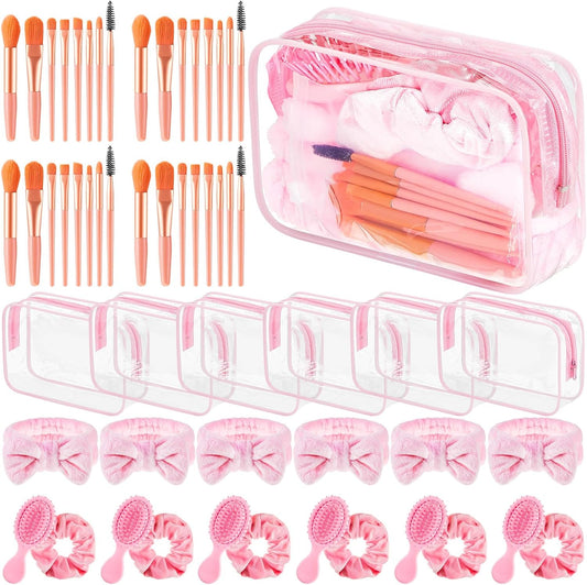 Daifunli 6 Set Pink Spa Party Favors for Women Travel Makeup Brush Bag Mini Hair Brushes Headband Scrunchies for Sleepover Bachelorette Wedding Bridal Shower Party Supplies Bridesmaid Gifts