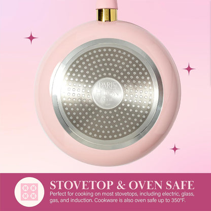 Paris Hilton Epic Nonstick Pots and Pans Set, Multi-layer Nonstick Coating, Tempered Glass Lids, Soft Touch, Stay Cool Handles, Made without PFOA, Dishwasher Safe Cookware Set, 12-Piece, Pink