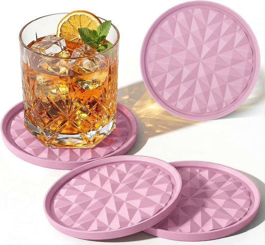 Silicone Coasters for Drinks[4 Pack]- Cup Mat for Tabletop Protection-Non-Slip, Non-Stick, Coffee Table Decor, Great Gift for Valentine's Day or Anniversary, Soft Pink