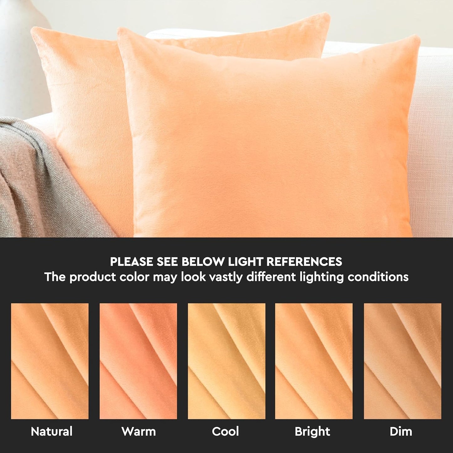 Encasa XO Velvet Throw Pillow Covers 18x18 in (45x45 cm) - Peach - No Inserts, Pack of 2 Cases | Solid Plain Dyed Soft & Smooth, Square Decorative Cushion Covers for Living & Bedroom