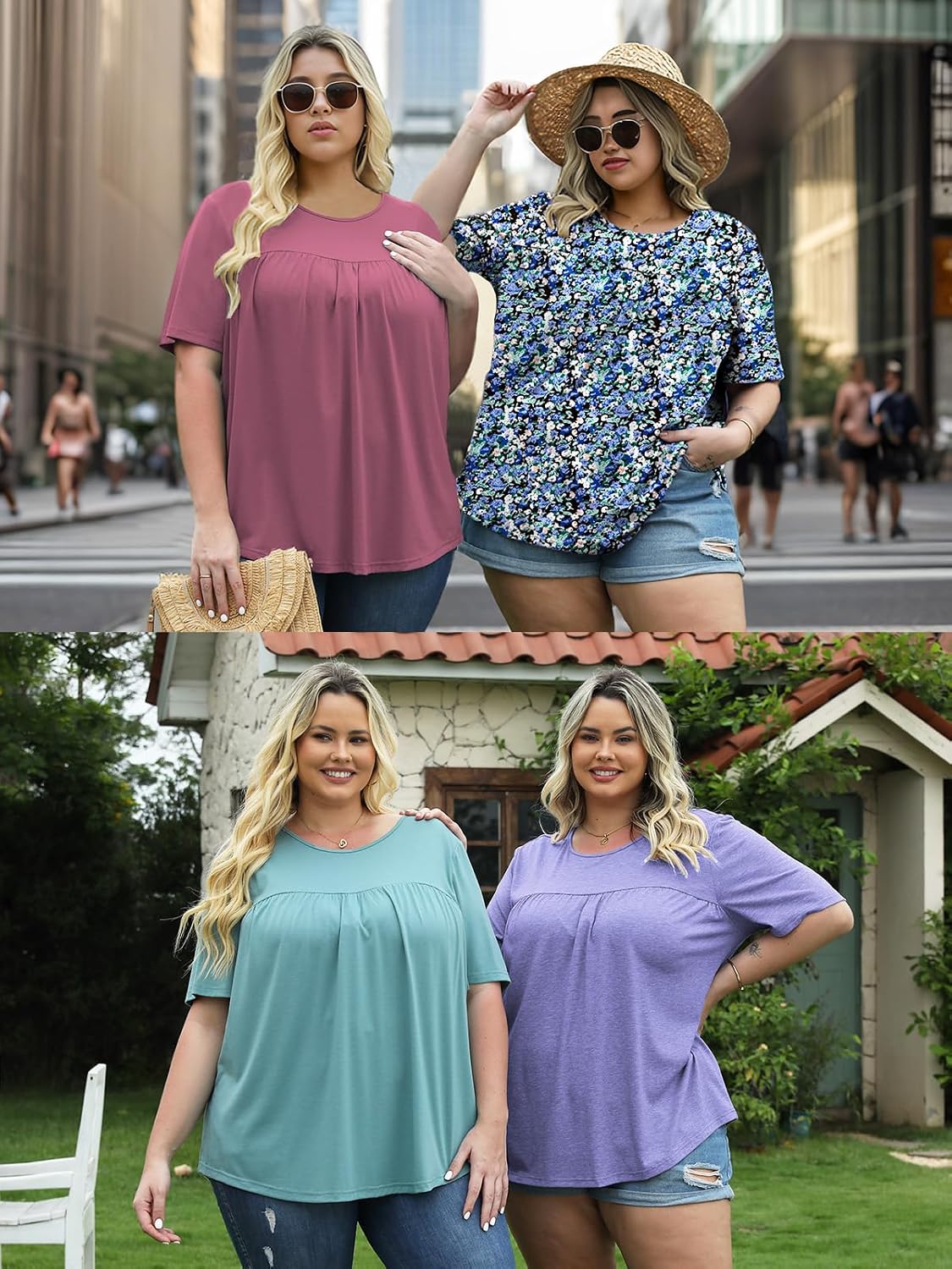 VISLILY Women's-Plus-Size-Tops Trendy Summer Short Sleeve T Shirts Cute Flowy Pleated Blouses Casual Loose Fit Tunics XL-5XL