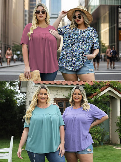 VISLILY Women's-Plus-Size-Tops Trendy Summer Short Sleeve T Shirts Cute Flowy Pleated Blouses Casual Loose Fit Tunics XL-5XL