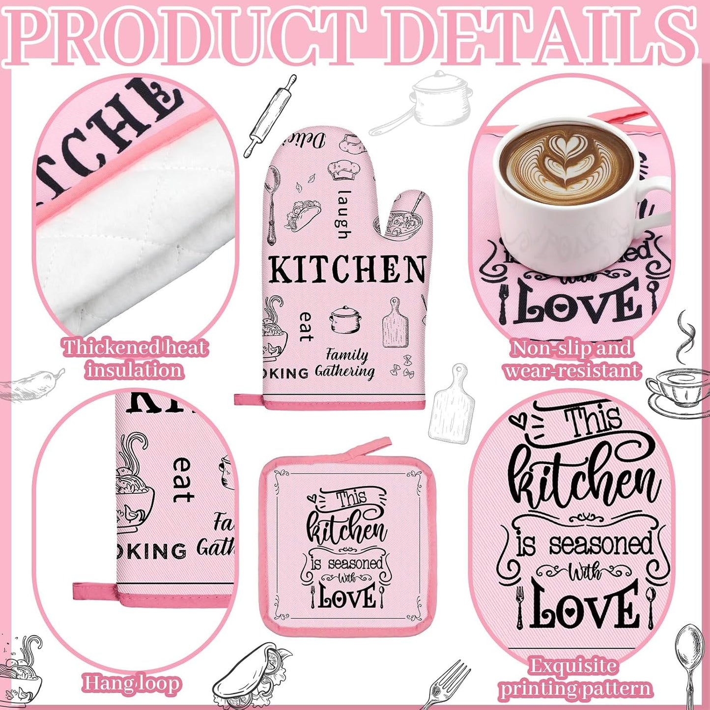 Fourluoo 13 Pcs Pink Kitchen Decor Set 4 Black Kitchen Towels 2 Cute Nonslip Rugs and Mats 3 Modern Curtains Valance 2 Pot Holders 2 Oven Mitts for Home Decoration Mom Cooking Grilling Gift