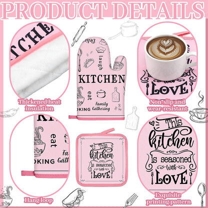 Fourluoo 13 Pcs Pink Kitchen Decor Set 4 Black Kitchen Towels 2 Cute Nonslip Rugs and Mats 3 Modern Curtains Valance 2 Pot Holders 2 Oven Mitts for Home Decoration Mom Cooking Grilling Gift