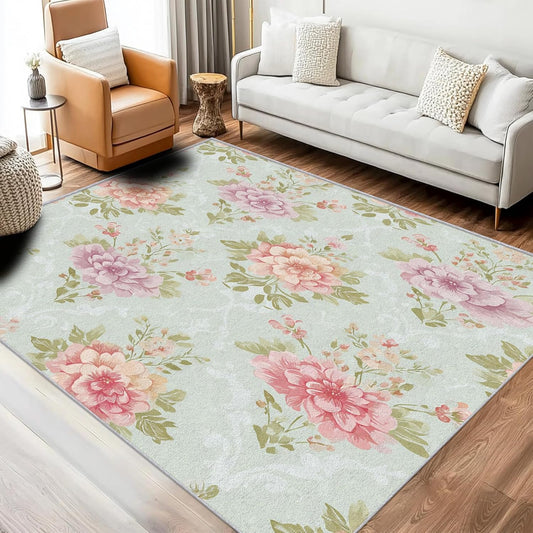 Vintage Floral Rugs for Living Room 8x10, Light Green Shabby Chic Bedroom Carpet, Pink Peach Flower Pattern Design Large Area Rug, Washable Non Slip Soft Area Carpet, Nature Home Decor A5750