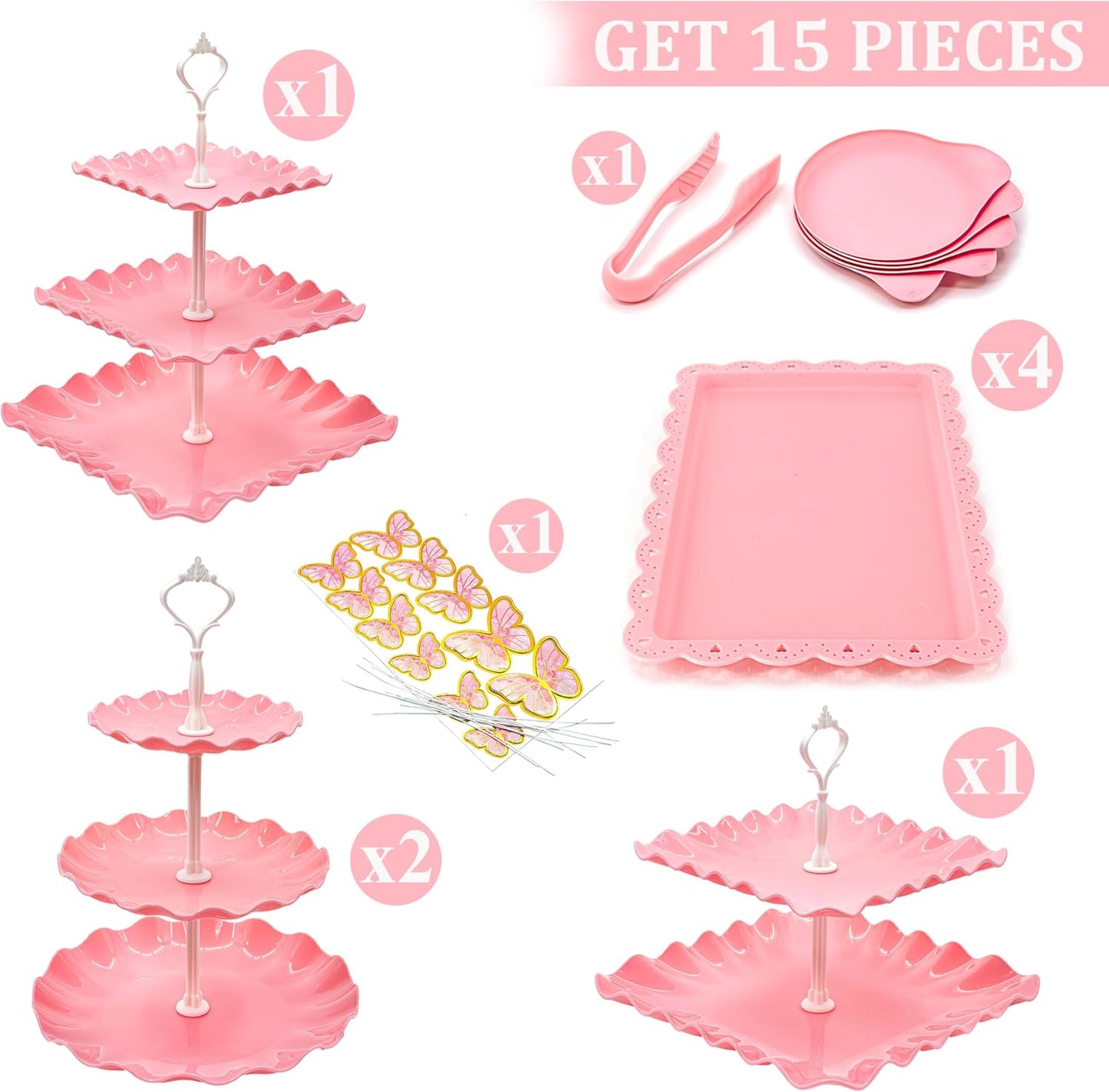 15 PCS Dessert Table Display Set Pink Cupcake Stand,3 Tiered Tray Stand Cup Cake Tower Holder, Cake Stand Serving Trays Dessert Display Stands for Tea Party Wedding Baby Shower Girl-Pink