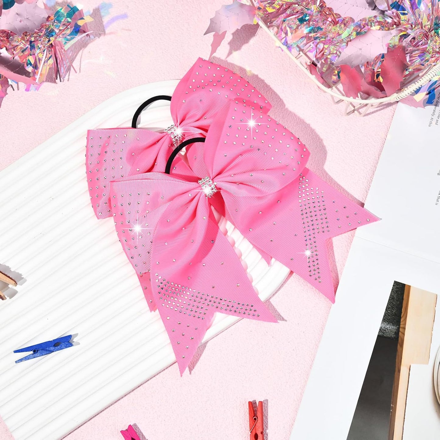2PCS Glitter Cheer Bow Large Pink Cheer Bows Rhinestones Hair Bows Girls 7"Cheerleading Bows Bulk Elastic Band Ponytail Holder for Teen Girls College Sports Competition