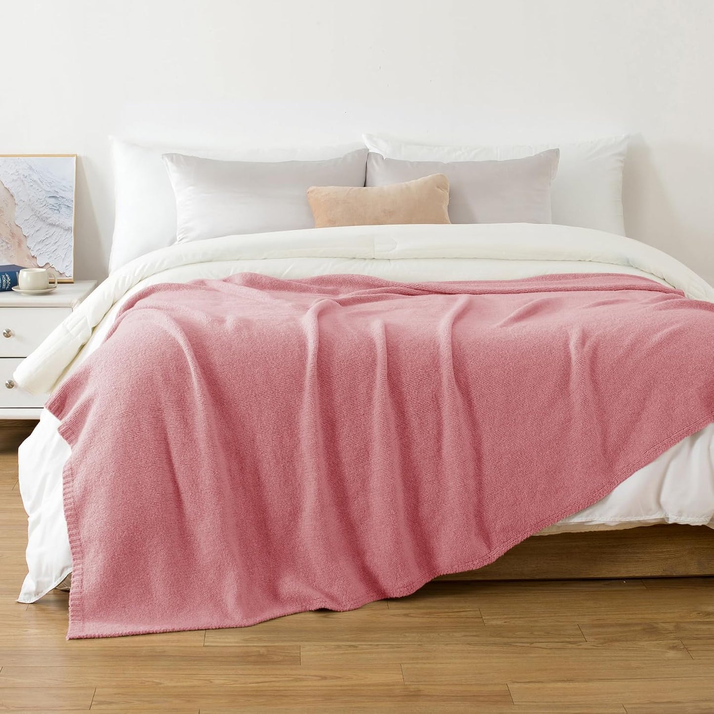 Carriediosa Wool Blend Knit Throw Blanket 50% Recycled Poly 50x60 Pink | Rib Knitted, Lightweight, Soft, Fuzzy, Cozy, Fluffy, Throws, Blankets, Bed Cover, For Couch, For Sofa