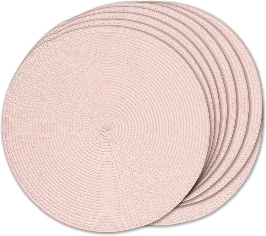 8 PCS Braided Placemats, 15'' Round Woven Placemats Set, Non-Slip Heat Resistan Rattan Round Table Mats, Kitchen Place Mats for Dining Pots Pans, Indoor Outdoor Use(Blush)