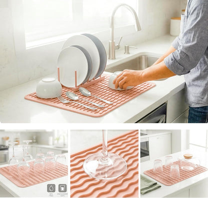 MicoYang Silicone Dish Drying Mat — Quick-Dry Ridges Counter & Sink Pad, Heat-Resistant Trivet to 450°F, Non-Slip & Dishwasher Safe, Roll-Up Storage, 18 Colors & 9 Sizes (Pink, 16"×12")