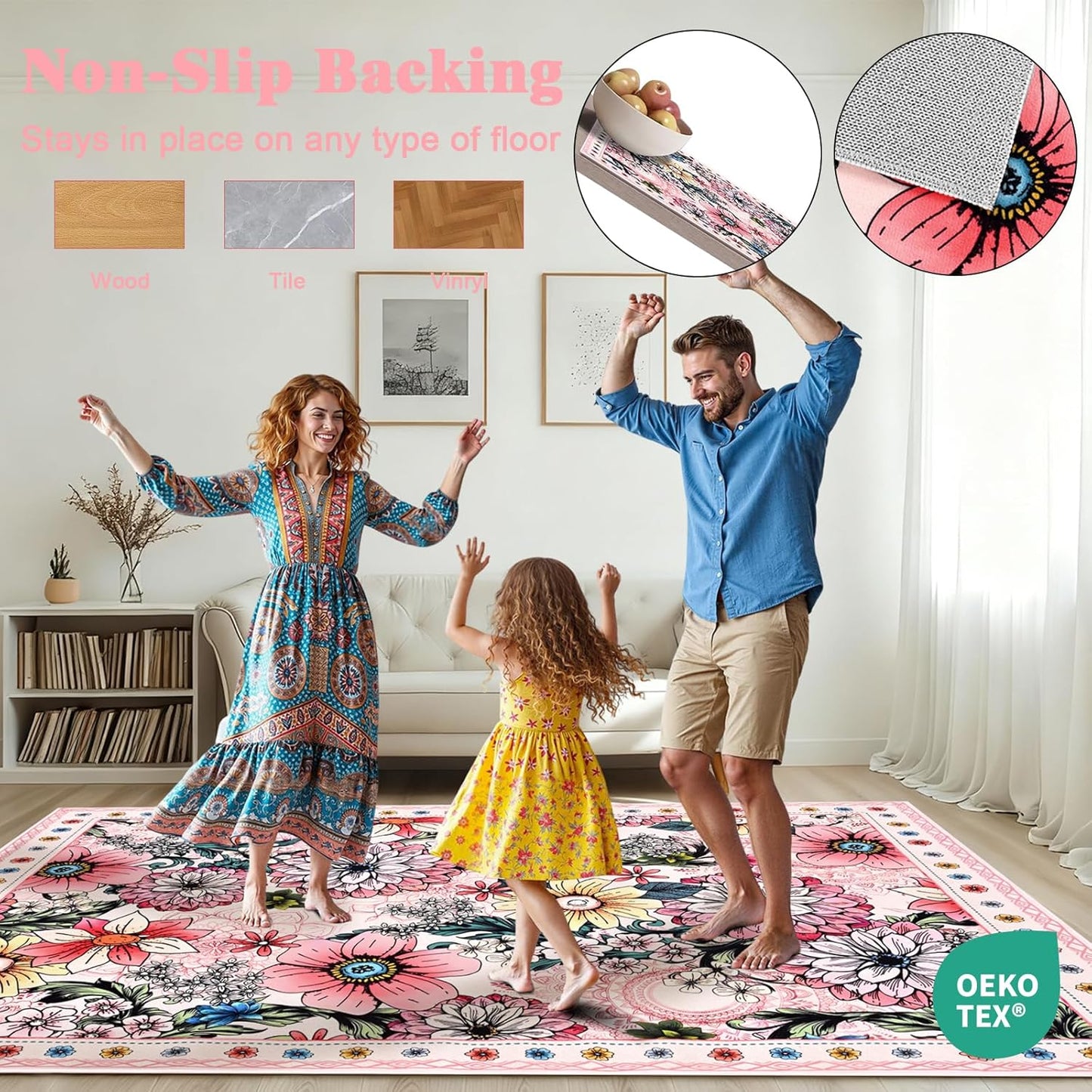 Yinhua Round Rug 4ft Rug Washable Boho Floral Rugs Non Slip, Pink Soft Circular Area Rugs Low Pile, Faux Wool Flowers Carpet for Bedroom, Entryway, Living Room, Bedroom, Dining Room, Pink