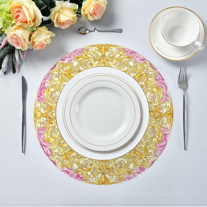 Retro Floral Pattern Gold and Peach placemat Round Table Reusable placemat Washable placemat Moroccan placemats for Dining Table placemats Heat Resistant Waterproof Place Settings for 6 for