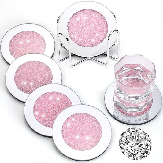 Jetec Mirrored Glass Coaster Set of 6 with 1 Holder 4" Crushed Diamond Round Cup Mat Glitter Crystal Rhinestone Glass Coaster Bling Table Decor for Bar Kitchen Gift for Christmas(Pink,4 Inch)