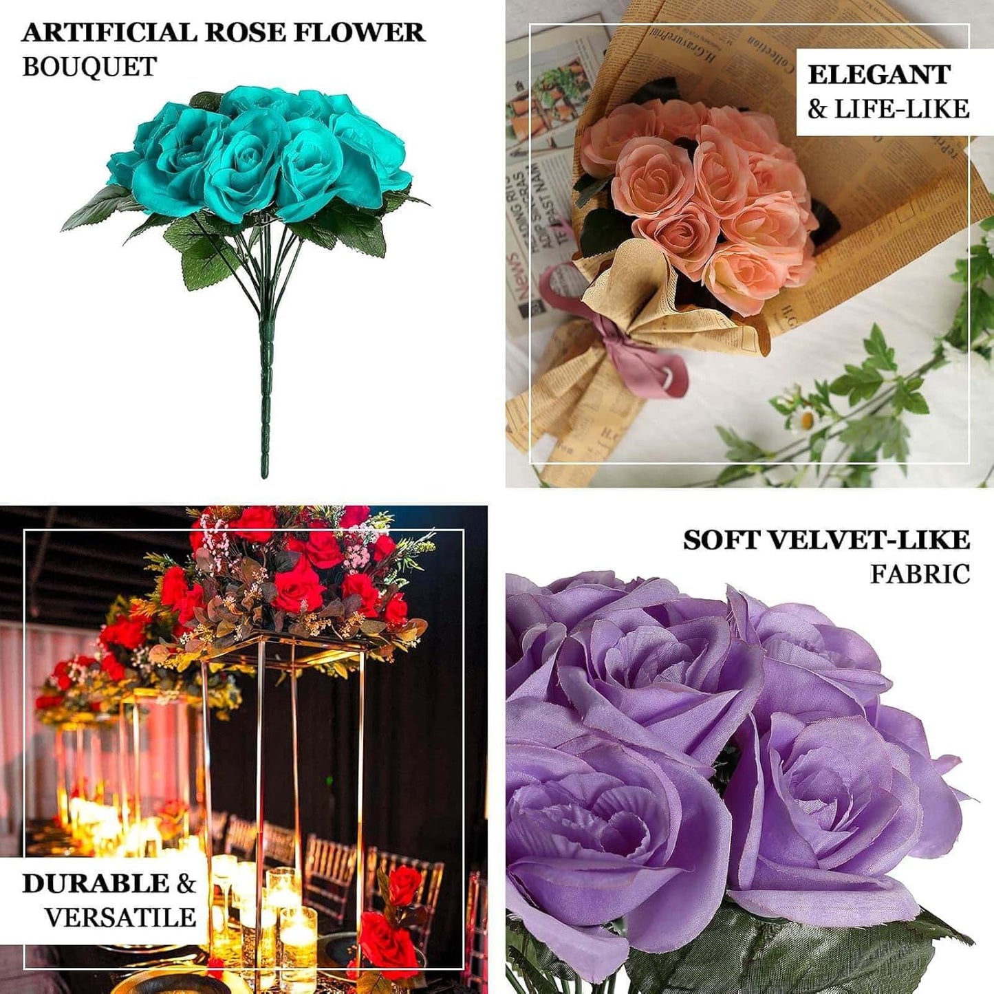 Efavormart 10-Inch Peach Velvet Rose Bouquet, 14-Head Soft Coral Faux Flowers for Summer Weddings, Baby Showers and Coastal Decor