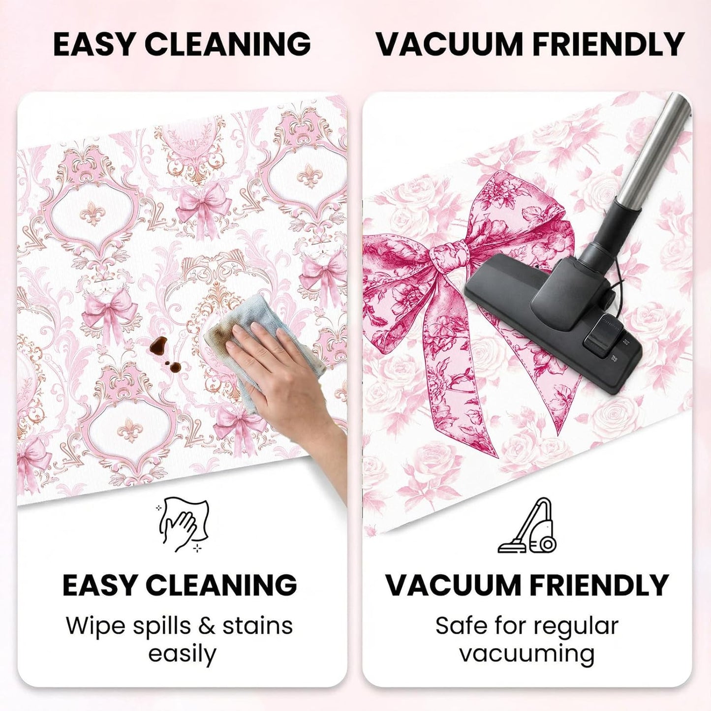 Pink Bow Kitchen Rug and Mat Set of 3, Cute Coquettte Kitchen Rugs, Non-Slip Bow Sweet Decorations for Home Indoor Bathroom Living Room Sink Laundry Floor Decor 18''x31''+18''x47''+18''x60''