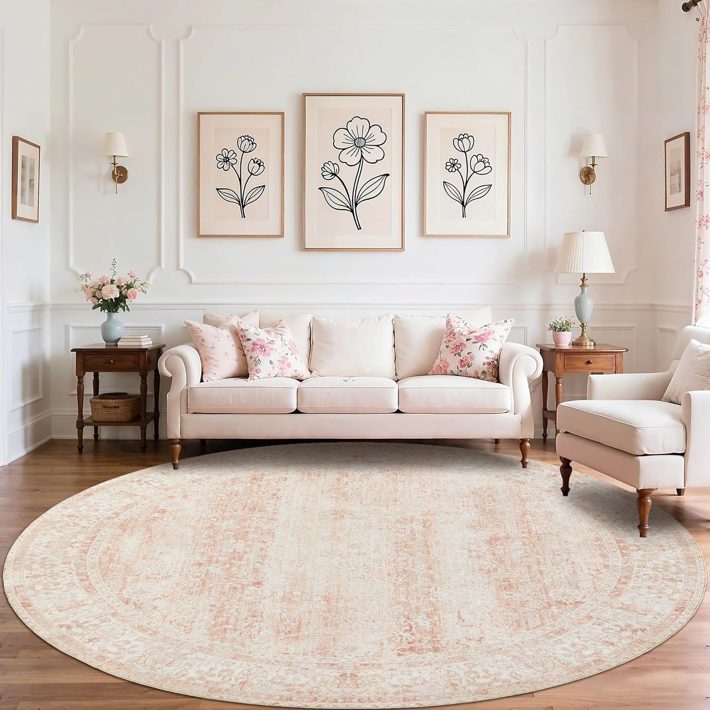 BILEEHOME Round Rug 8x8 Feet 8ft Washable Area Rug for Living Room Girl Bedroom,Boho Floral Print Blush Pink Circle Rugs 8' Round for Dining Room