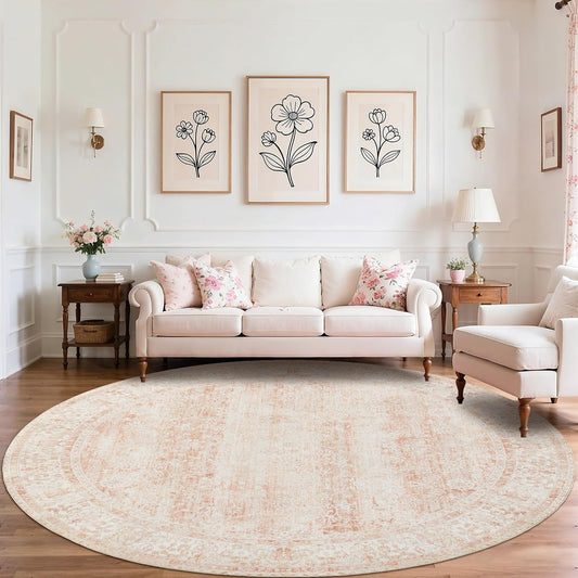 BILEEHOME Round Rug 8x8 Feet 8ft Washable Area Rug for Living Room Girl Bedroom,Boho Floral Print Blush Pink Circle Rugs 8' Round for Dining Room