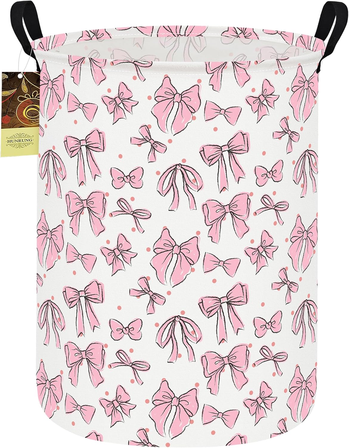 Collapsible Fabric Storage Basket, Waterproof Laundry Hamper with Handles, Round Storage Bin for Clothes Toys, Foldable Organizer for Bedroom Nursery Bathroom(Round-Pink Bow)