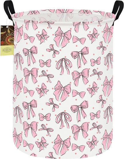 Collapsible Fabric Storage Basket, Waterproof Laundry Hamper with Handles, Round Storage Bin for Clothes Toys, Foldable Organizer for Bedroom Nursery Bathroom(Round-Pink Bow)