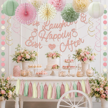 Bridal Shower Decorations,Sage Green Pink Bridal Shower Decorations Includes Love Laughter Happily Ever After Decorations Paper Flower Ball Wedding Decorations for Home Party Bachelorette Party