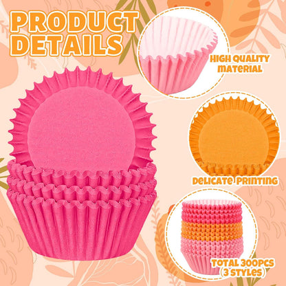 Whaline 300Pcs Orange Pink Cupcake Liners Paper Baking Cups Summer Standard Muffin Cupcake Wrappers for Party Supplies Table Decor